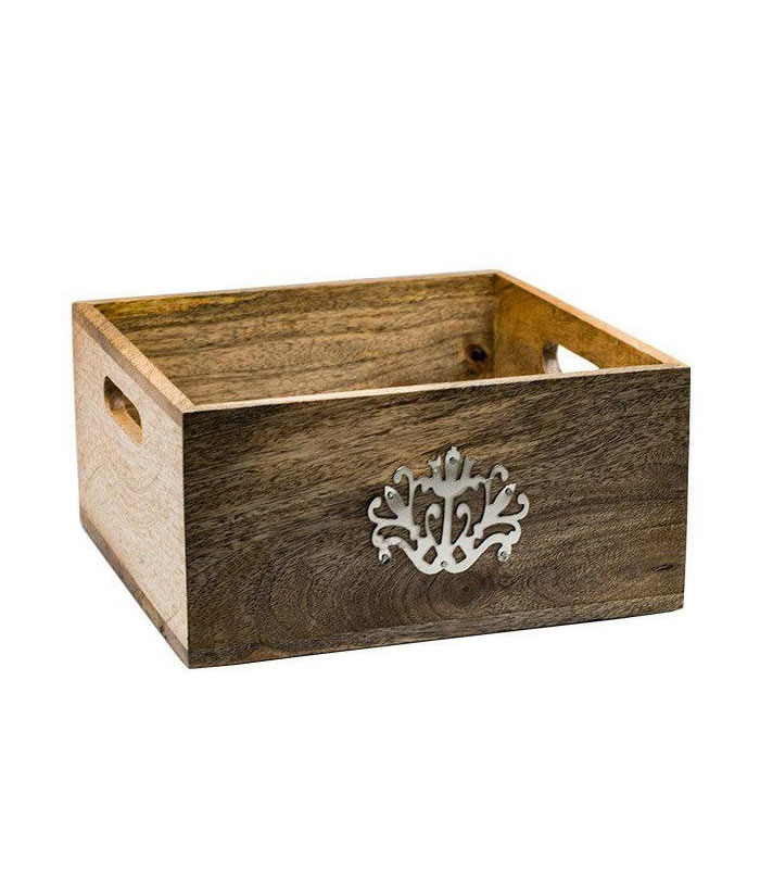 جعبه چوبی طبیعی دکوری با گل فلزی ساخت هند