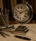 ساعت رومیزی فلزی نقره‌ای با پایه سنگین و طراحی کلاسیک