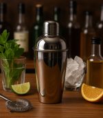 شیکر استیل کوکتل روی میز بار چوبی