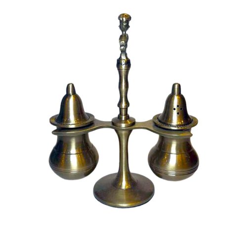 ست نمکدان و فلفلدان برنجی با استند کلاسیک، ساخت دست‌ساز هند