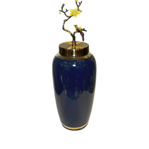 جار دکوری سرمه ای براق با درب برنز نقاشی شده سایز 2