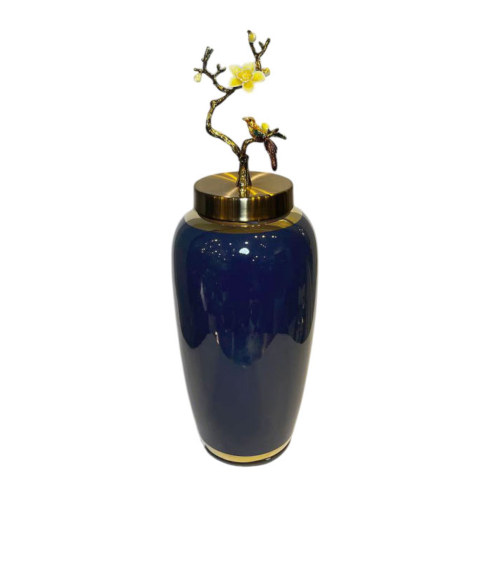 جار دکوری سرمه ای براق با درب برنز نقاشی شده سایز 2