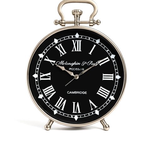 ساعت رومیزی کلاسیک فلزی با طراحی مشکی نقره‌ای و اعداد رومی – ساخت هند