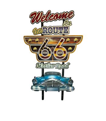 تابلو فلزی برجسته Route 66 با طراحی اتومبیل کلاسیک و نماد جاده 66، ابعاد 45x80 سانت، ساخت چین