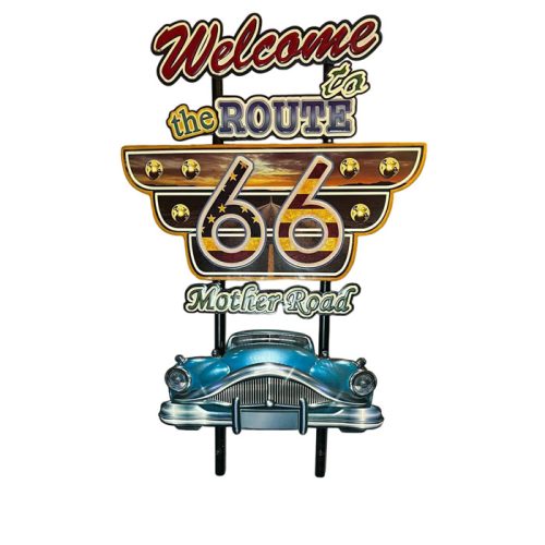 تابلو فلزی برجسته Route 66 با طراحی اتومبیل کلاسیک و نماد جاده 66، ابعاد 45x80 سانت، ساخت چین