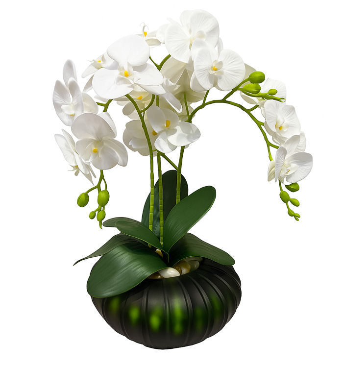 گلدان شیشه‌ای مشکی تراش‌دار با گل‌های ارکیده سفید لمسی قابل شستشو