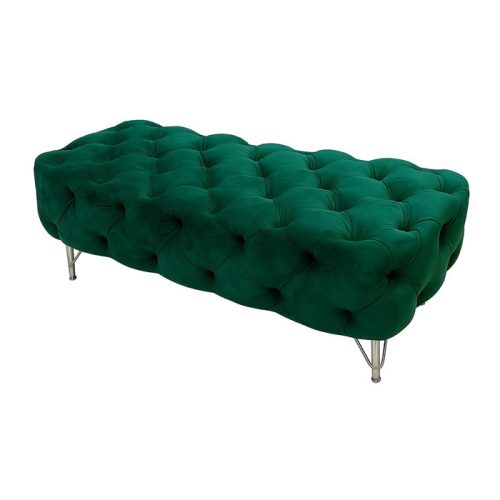 نیمکت پاف لمسه‌ای مخمل سبز با پایه فلزی – ابعاد 120×45 سانتی‌متر