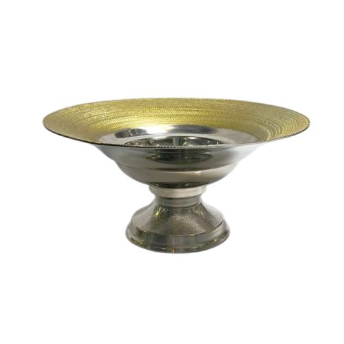 کاسه دکوری فلزی دو رنگ سیلور و گلد – ظرف فلزی لوکس مناسب دکوراسیون پذیرایی و میز کنسول
