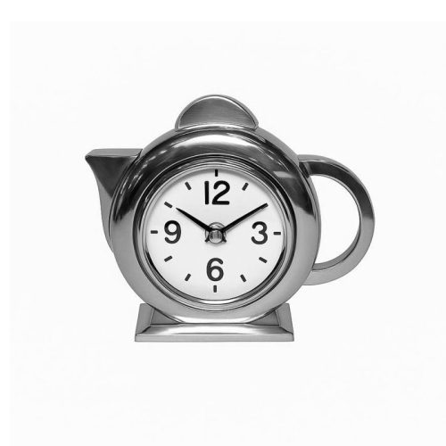 ساعت رومیزی طرح قوری رنگ نقره ای براق جنس فلزی آلومینیوم و برنج ساخت هند