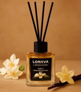 LOREVA Reed Diffuser با رایحه پاکولی و وانیلا در شیشه مدرن و چوب‌های مشکی.