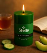 شمع استوانه‌ای سبز Stella با رایحه خیار و ملون، سایز 7.5×15 سانتی‌متر، مناسب دکوراسیون و ایجاد فضایی آرامش‌بخش
