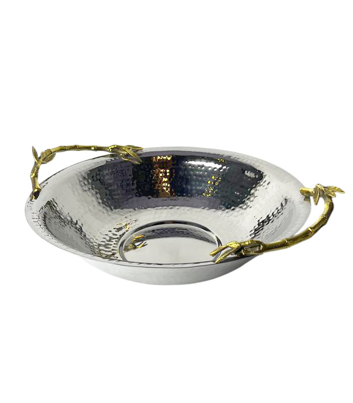 کاسه استیل چکش‌کاری شده با دستگیره برنجی طرح بامبو – قطر ۳۱ سانت