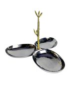 ظرف سرو سه‌خانه استیل چکش‌کاری شده با دسته برنجی طرح بامبو