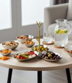 ظرف سرو سه‌خانه استیل چکش‌کاری شده با دسته برنجی طرح بامبو