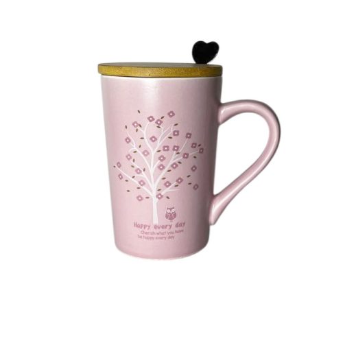 ماگ سرامیکی صورتی طرح درخت با قاشق استیل و درب چوبی