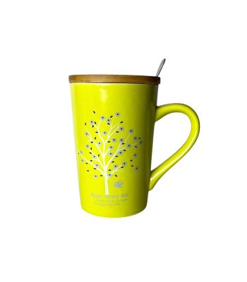 ماگ سرامیکی سبز طرح درخت با قاشق استیل و درب چوبی