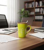 ماگ سرامیکی صورتی طرح درخت با قاشق استیل و درب چوبی