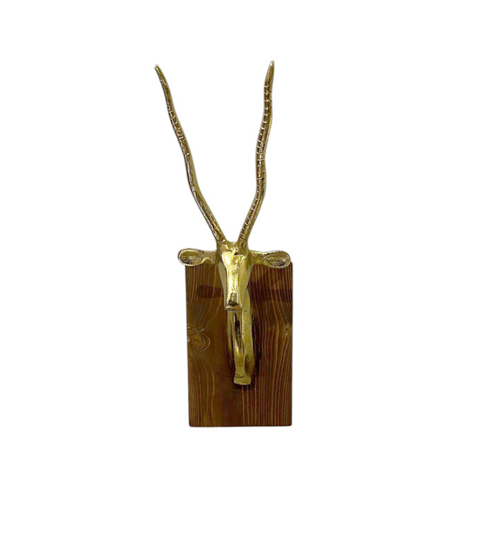 سردیس دکوری گوزن فلزی دست‌ساز با پایه چوبی