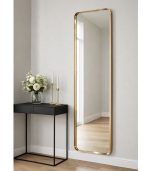 آینه دیواری قدی 130×35 با فریم تسمه استیل طلایی مات باریک و شیشه شفاف بدون موج