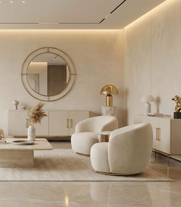 روانشناسی رنگ در طراحی دکوراسیون | تصویر یک اتاق نشیمن مدرن لوکس مینیمال | گالری ماهک