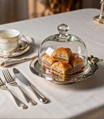 ظرف پذیرایی استیل چکش‌کاری شده با درب شیشه‌ای و تزئین پرنده برنجی ساخت هند ماهک گالری