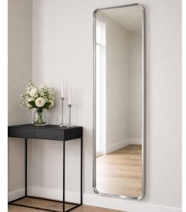 آینه دیواری قدی 130×35 با فریم تسمه استیل طلایی مات باریک و شیشه شفاف بدون موج