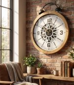 ساعت دیواری چوبی روستیک با چرخ‌دنده متحرک دکوراتیو و طراحی صنعتی