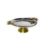 ظرف سرو پایه‌دار استیل چکش‌کاری شده با تزئین برگ زیتون و پایه برنجی دست‌ساز هندی