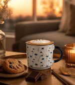 ماگ سرامیکی سفید با طرح گل‌های آبی و دسته سرمه‌ای، مناسب نوشیدنی‌های گرم و سرد