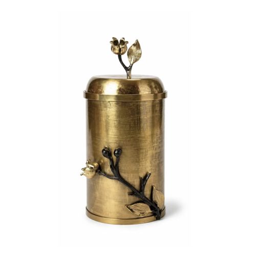 بانکه استیل طلایی با شاخه و گل انار برنجی و درپوش دستگیره‌دار، مناسب نگهداری خوراکی خشک