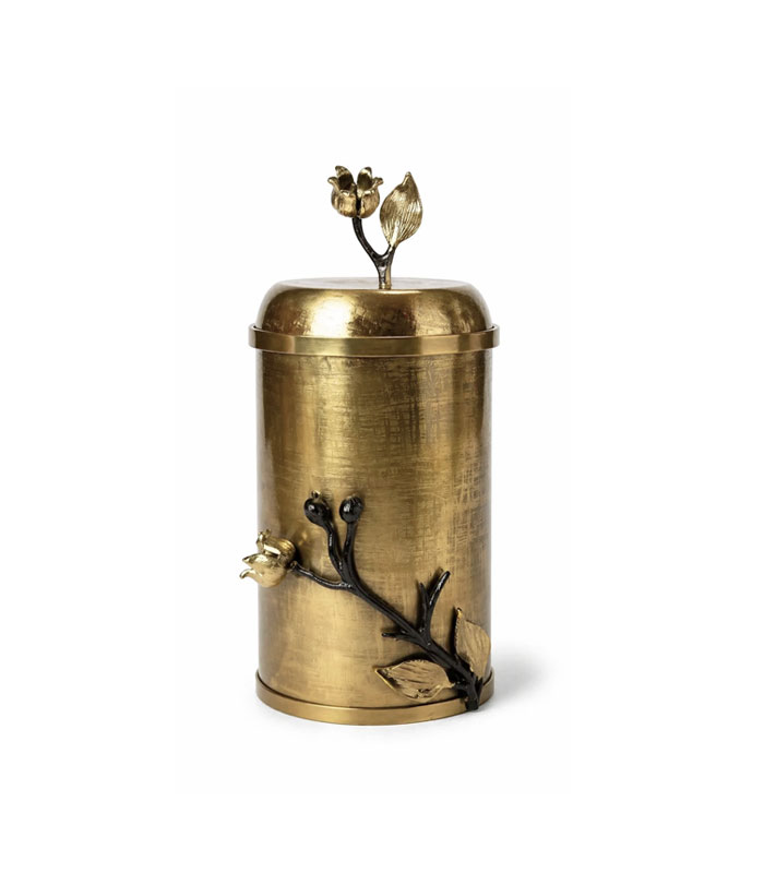 بانکه استیل طلایی با شاخه و گل انار برنجی و درپوش دستگیره‌دار، مناسب نگهداری خوراکی خشک