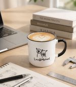 ماگ سرامیکی سفید با طرح سگ کارتونی و نوشته Luca & Michael با لبه و دسته مشکی