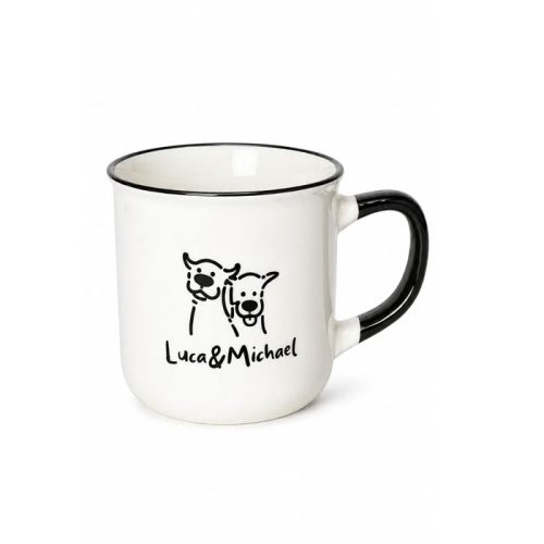 ماگ سرامیکی سفید با طرح سگ کارتونی و نوشته Luca & Michael با لبه و دسته مشکی