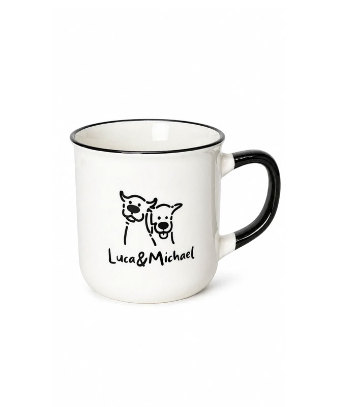 ماگ سرامیکی سفید با طرح سگ کارتونی و نوشته Luca & Michael با لبه و دسته مشکی