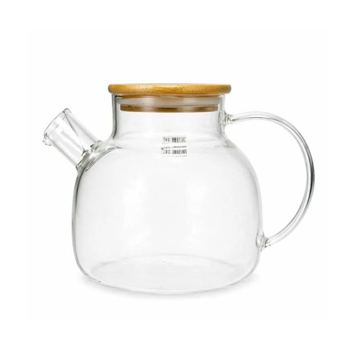 قوری دمنوش شیشه‌ای پیرکس با درب چوبی بامبو برند مادام کوکو مناسب وارمر