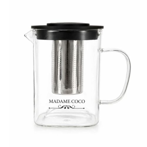 قوری دمنوش پیرکس مادام کوکو با فیلتر استیل و درب پلاستیکی مشکی مناسب وارمر