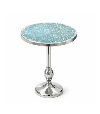 میز گرد فلزی آلومینیومی–نیکل با صفحه خرده‌شیشه سبز | قطر 45 و ارتفاع 55 سانت | ساخت هند