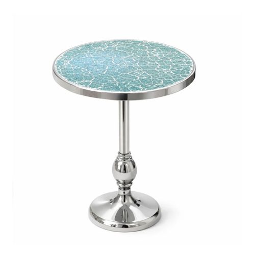 میز گرد فلزی آلومینیومی–نیکل با صفحه خرده‌شیشه سبز | قطر 45 و ارتفاع 55 سانت | ساخت هند