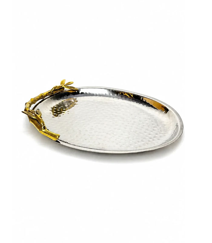 سینی استیل چکش‌کاری شده با دسته‌ شاخه بامبو طلایی