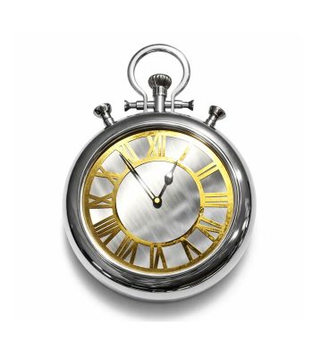 ساعت دیواری استیل طرح ساعت جیبی قدیمی با اعداد رومی برجسته طلایی | قطر 33 سانت | ساخت هند | سبک کلاسیک و نئوکلاسیک