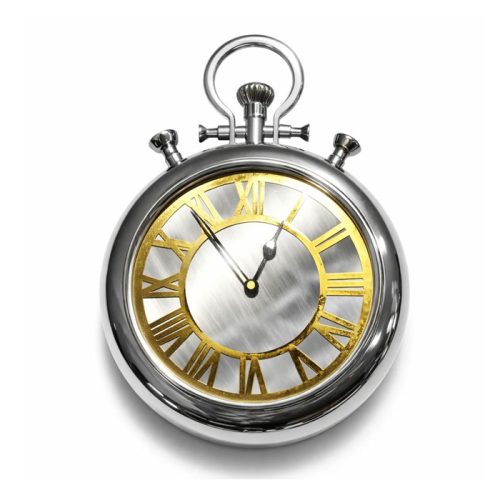 ساعت دیواری استیل طرح ساعت جیبی قدیمی با اعداد رومی برجسته طلایی | قطر 33 سانت | ساخت هند | سبک کلاسیک و نئوکلاسیک