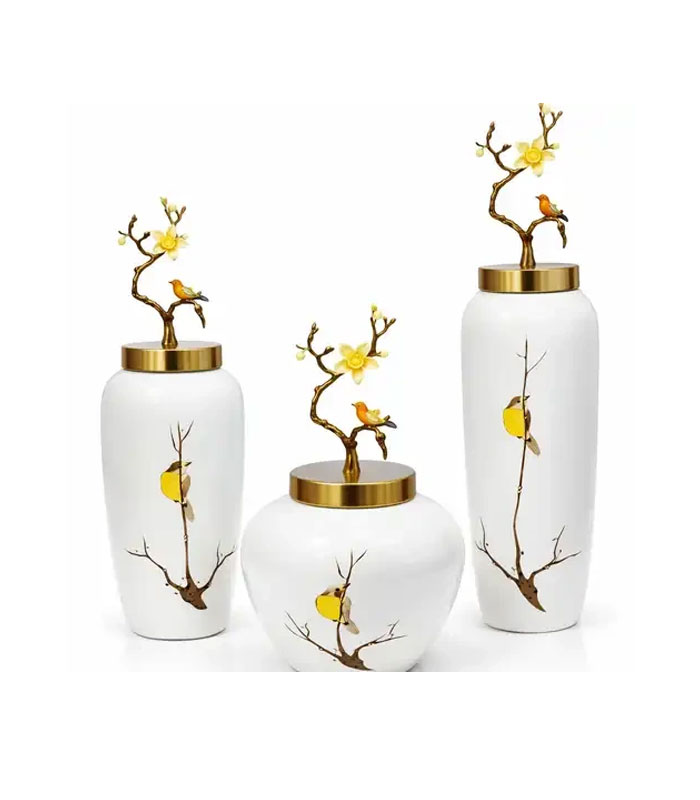 ست 3 سایز جار چینی با نقاشی طرح پرنده و درب جنس برنز طرح شاخه و پرنده