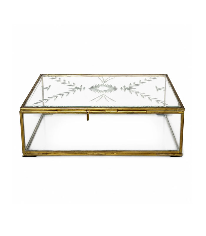 glass-brass-frame-handmade-box-01 جعبه شیشهای حکاکی شده با قاب برنجی دستساز – مناسب جواهرات، چای، تنقلات و دکوری – ابعاد 15x22x7 سانتیمتر