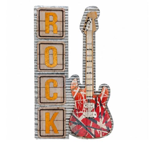 تابلو فلزی طرح Rock با گیتار وینتیج ساخته شده از چوب و فلز دست‌ساز مناسب دکوراسیون صنعتی